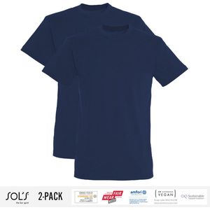2 Pack Sol's Heren T-Shirt 100% biologisch katoen Ronde hals Navy Blue Maat S