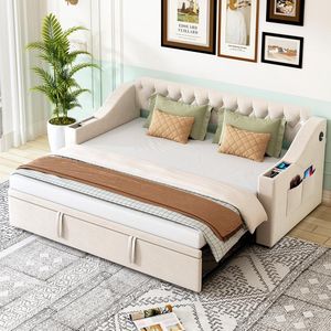 Komhtom Volwassen bed Sofabed Bed 90/180x190 cm, bredere en dikkere armleuningen met USB-oplaadpoort, ingebouwd tablet in de armleuningen met opbergzakken fluweel beige