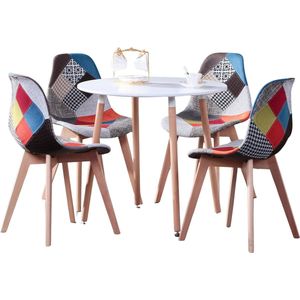 KTN® - Eetkamerset - Ronde Eettafel met 4 Eetkamerstoelen - Eethoek - Rugleuning - Rugleuning - Fauteuil - Woonkamerstoelen - Kuipstoelen - Fluwelen Stof - Gewatteerde zitting - Houten poten - Patchwork Patroon - Kleurrijk - Wit - Rood