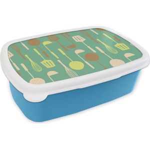 Broodtrommel Blauw - Lunchbox - Brooddoos - Spatel - Lepel - Patronen - Keuken - 18x12x6 cm - Kinderen - Jongen