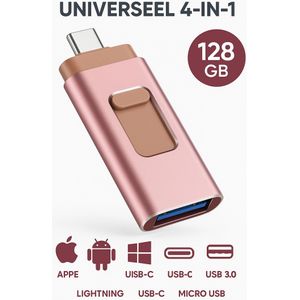 4-1 usb flashdrive 128GB - USB-C & USB-A & Lightning & Micro USB - USB 3.0 - snel opslag stick -geheugen usb - Universeel - voor Smartphones, Tablets, Laptops etc. Iphone.ios,Android opslag roze