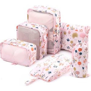 Qpacks - Flower Power Packing Cubes set 6-delig - Waterdicht - Patroon - Roze bloemen print - Toilettas - Koffer Organiser - Backpack