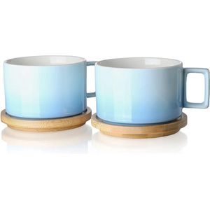 Porseleinen cappuccino kop met houten schotel, 310ml Demitasse kopjes set voor koffie, cappuccino, latte, expresso, americano, thee (hemelsblauw)
