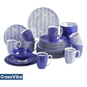 CasaVibe Luxe Serviesset – 32 delig – 8 persoons – Porselein - Bordenset – Dinner platen – Dessertborden - Kommen - Mokken - Set - Japanse Stijl - Blauw