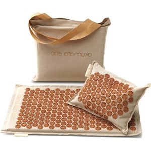 AKUMATA ECO Acupressuur Mat en Kussen Set voor Rugpijn en Ontspanning - Stressvermindering - Accupressuur Massage Mat en Massagekussen - Linnen & Goud