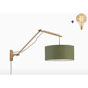 Wandlamp met Lange Arm - ANDES - Naturel Bamboe - Groen Linnen - Met LED-lamp