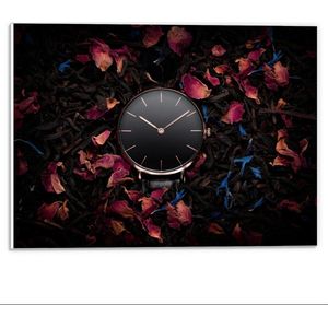 Forex - Zwarte Horloge tussen de Bloemen - 40x30cm Foto op Forex