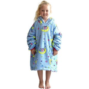 Éénhoorn fleece deken met mouwen en capuchon voor kinderen - fleece kinder poncho - plaid met mouwen - hoodie deken met mouwen - hoodie blanket - maat 134 t/m 158 (8-12 jr) - lichtblauw