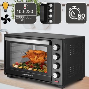 Jago - Mini Oven van 60 Liter met Luchtrecirculatie en ingebouwde Timer - Binnenverlichting - Elektrisch - Deuren van Dubbelglas - 100-230Â° - 2000W - 5 Soorten Verwarming - Mini Oven met Roterend Spit - Pizza Oven - Zwart