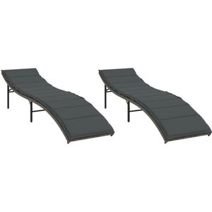 vidaXL Ligbedden 2 st met kussens poly rattan grijs - Ligbed - Ligbedden - Tuinstoel - Tuinmeubel