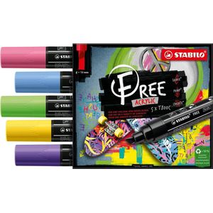 STABILO FREE - Acryl Marker -  T800C - Schuine Punt - 4-10 mm - Set Seaside - Met 5 Verschillende Kleuren