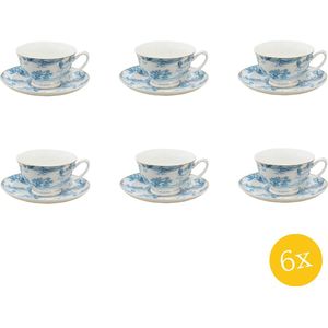 Clayre & Eef Kop en schotel set van 6 stuks schotel 250 ml Blauw Wit Porselein Servies