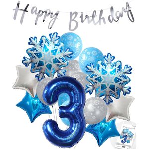 Cijferballon 3 Blauw - Frozen - Ijssterren - Ballonnen Megapakket - Slinger Feestvieren - Verjaardag Snoes