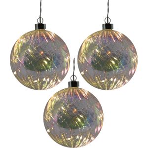 3x stuks verlichte glazen kerstballen met 10 lampjes transparant parelmoer 12 cm - Decoratie kerstballen met licht