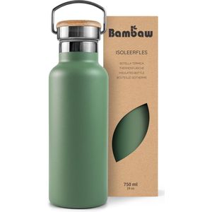 Bambaw® 750ml RVS Thermosfles - Isoleerfles, Dubbelwandig, Milieuvriendelijk, Lekvrijen, loodvrij en Plasticvrij Geïsoleerde Fles met Bamboe Deksel voor Warme en Koude Dranken - Ideaal voor Reizen, Werk, Yoga, Wandelen en Dagelijks Gebruik – groen