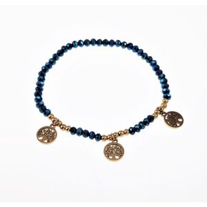 Elastische Armband Dames - Blauwe Facet Geslepen Glaskralen - RVS Goudkleur - Levensboom