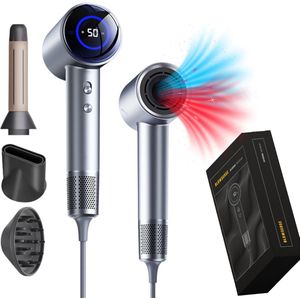 BlowSense® Föhn met diffuser - LED Scherm - Haardroger met Ionentechnologie - 3 Opzetstukken - Luxe Cadeauverpakking - Grijs