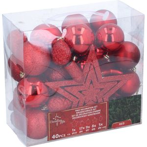 Christmas Gifst Kerstballen Set Rood - 40 Stuks Kunststof Kerstballen - Incl. Piek