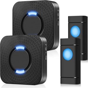 Draadloze Deurbel - Waterdichte Chime met 300M Bereik - 55 Melodieën met 5 Niveaus Volume - LED Indicatie - 2 Ontvangers en 2 Transmitters - Zwart - 10 x 5 x 2 cm - 4 stuks​