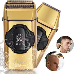 Hatteker Elektrisch Scheerapparaat voor Mannen – 2-in-1 Scheer- en Trimgapparaat – Tondeuse – Foliescheerapparaat met 3 Snelheidsstanden en Oplaadbasis – IPX7 Waterdicht – Magnetische Scheerkop – Goud