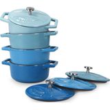 Navaris ronde gietijzeren mini pannetjes - 4x cocotte pannenset met deksel - Set van 4 kleine pannen met geëmailleerde coating - Blauw