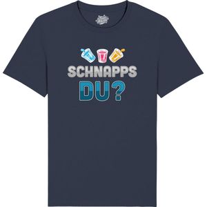 Schnapps Du? - Grappige Apres Ski Wintersport Kleding - Mannen / Vrouwen / Unisex - Foute Ski en Snowboard Vakantie Outfit Cadeau - Unisex T-Shirt - Navy Blauw - Maat S