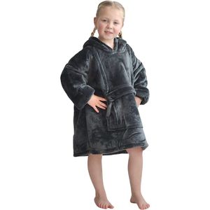 Fleece kinder poncho - plaid met mouwen en capuchon voor kinderen - oversized hoodie kind - hoodie plaid voor kinderen - fleece deken met mouwen – hoodie blanket - TV deken – zacht & warm - maat 116 t/m 134 - grijs