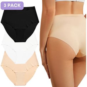 Naadloze High waist slip voor Dames - Zwart, Wit, Beige - Set van 3 - Maat S - Ultrazacht - Naadloos ondergoed dames - Seamless ondergoed dames - Invisible string - Dames slip - onzichtbaar ondergoed