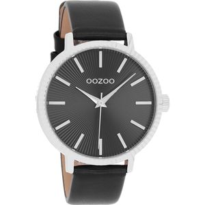 OOZOO Timepieces - Zilverkleurige horloge met zwarte leren band - C9199