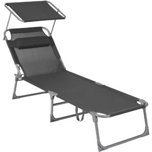GCB19UV1 Ligstoel Met Hoofdsteun – Verstelbare Rugleuning – Inklapbare Tuinligstoel Met Zonnedak – Lichtgewicht – Draagkracht Tot 150Kg – Voor Tuin – Balkon – Donkergrijs – 193x30x62cm