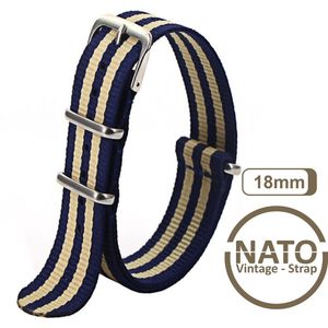 18mm Nato Strap Blauw Khaki / Goud  streep - Vintage James Bond - Nato Strap collectie - Mannen - Horlogebanden - gestreept 18 mm bandbreedte voor oa. Seiko Rolex Omega Casio en Citizen