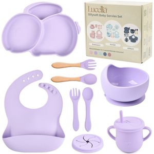 Lucellia® Siliconen babyservies set – 10 Delig Konijn Paars – Kinderservies set – Kinderbord- Kom – Met Zuignap– Kinderbestek – Babybestek – Slabbetjes – Baby drinkbeker - Tuitbeker baby - Snack cup - Kraamcadeau meisje– Babyshower cadeau