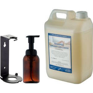 Zeepdispenser 300 ml amber bruin hervulbaar + 5 liter Shampoo Creamy Wellness navulling (inclusief beugel)