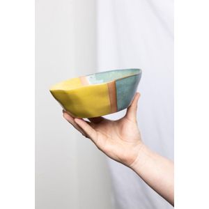 Serveerschaal keramiek Boeddha Bowl INDUSTRIAL geel groen mueslikom snackschaal dipschalen ramenbowl ontbijt 20x20x7 cm