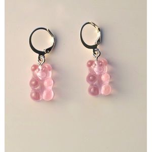 Zilverkleurige oorbellen Gummy Bear lichtroze