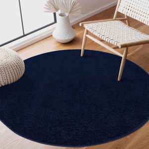 Laagpolig tapijt voor de woonkamer, effen moderne tapijten voor de slaapkamer, werkkamer, kantoor, hal, kinderkamer en keuken, marineblauw, 150 cm rond