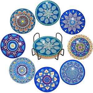 Pack of 8 Diamond Painting Coasters with Holder, Diamond Painting, Reusable DIY Blue Mandala Cup Coasters with Diamonds and Mounting Tools for Cups, Vases, Candles Decoration