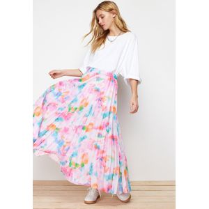 Trendyol Lila Bloemmotief Geplooide, Elastische Taille Geweven Rok Tctss23Ee00018
