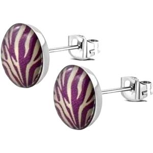 Aramat Jewels - Ronde oorknopjes Zebra Print - Wit Paars - Staal 7mm - Trendy Oorbellen - Hip Cadeau - Voor Haar - Opvallende Sieraden - dieren oorknopjes