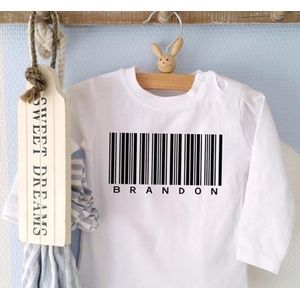 Shirtje  Barcode met naam | Lange of korte mouw | wit | maat 56-110