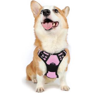 hondenharnas, ook geschikt voor puppy‘s, verstelbaar borsttuig voor honden, onbreekbaar, ademend hondentuig voor kleine, middelgrote en grote honden, verkrijgbaar in zwart, roze en blauw in de maten S, M, L en XL, m, roze