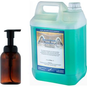 Zeepdispenser 300 ml amber bruin hervulbaar + 5 liter Showergel Hamam navulling