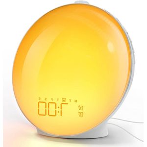 Zonsopgang en zonsondergang simulatie lichtwekker op volledig scherm met dubbele alarmen, rotatieknop en snooze-functie voor volwassenen en kinderen