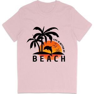 T Shirt Heren en Dames - Life is Better at the Beach - Roze - XL