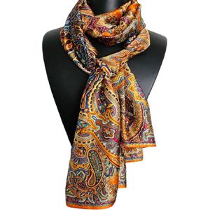 Langwerpige Dames sjaal satijn- XL Silk feeling sjaal 78X185 cm - Elegante bloemen print - zijden sjaal- Luxe shawl- Omslagsjaal voor Moederdag - Valentijnsdag cadeau| Goudgeel, wit, zwart