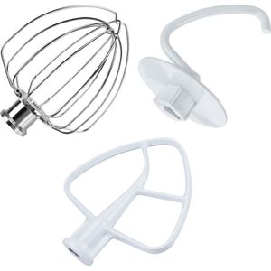 3-Delige Accessoireset voor KitchenAid 4,5-5 Quart Tilt-Head Stand Mixers Artisan & Classic Series van MMOBIEL - Aluminium K45 6-Draads Garde, Platte Mixer en Deeghaak – Enkel Handwas