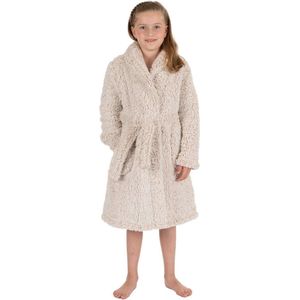 Teddy badjas kind - 100% zacht fleece - kinderbadjas teddylook - trendy ochtendjas voor kinderen - beige - maat 128