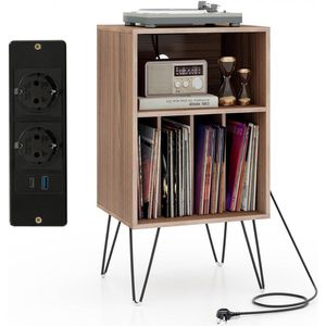 Goodivery® - Platenspeler Kast - Platenspeler Meubel - Lp Kast - Vinyl Kast - met Oplaadstation - 5 Open Compartimenten - met Metalen Poten - 48x40x88cm - Bruin