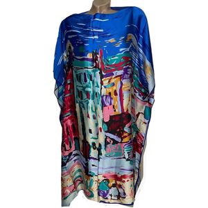 Kaftan -Tuniek - Jurk - Satijn van Viscose - Zijde Onesize 38-48 blauw