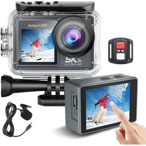 LotaHome - Action Camera 5K Full HD - 60 FPS / Wifi / App - 30 Meter Waterdicht - Actiecamera - Haarfijn Beeld - Beeldstabilisatie - Touchscreen - Selfie Camera - Onderwater Camera - Met Microfoon, Afstandsbediening en 64GB Geheugenkaart